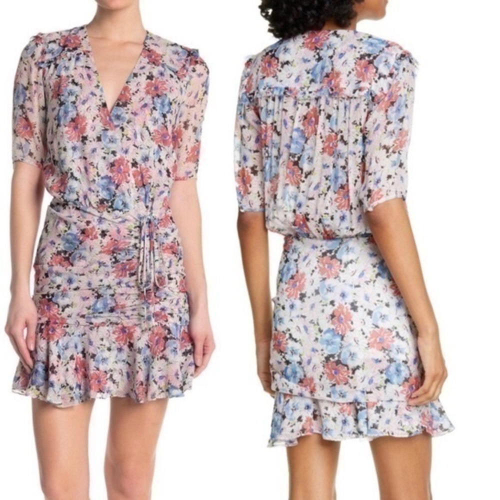 Veronica Beard‎ Dakota Ruched Silk Floral Flounce Mini Dress White Multi Size 0